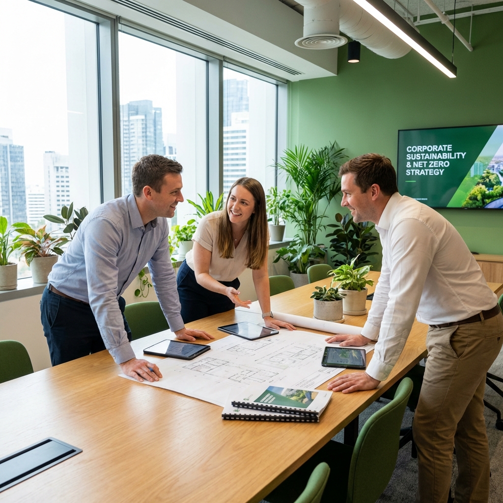 Equipo de consultoría ambiental planificando estrategias